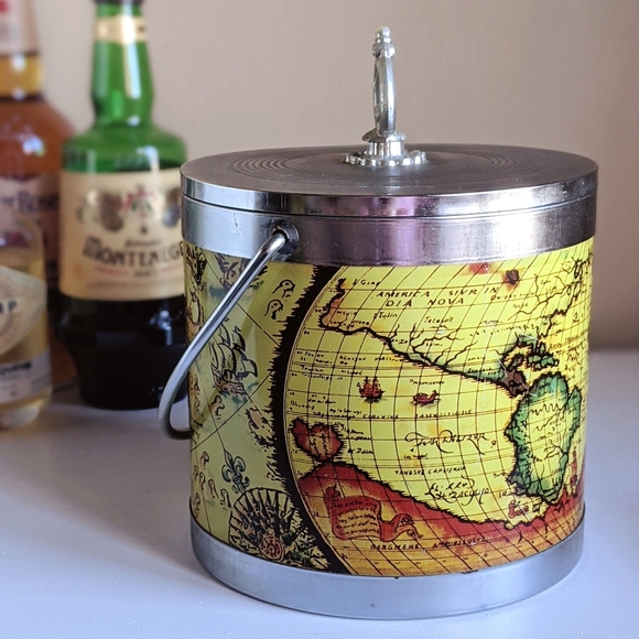 vintage ice bucket/ planter with latin map print - Picture 4 of 7
